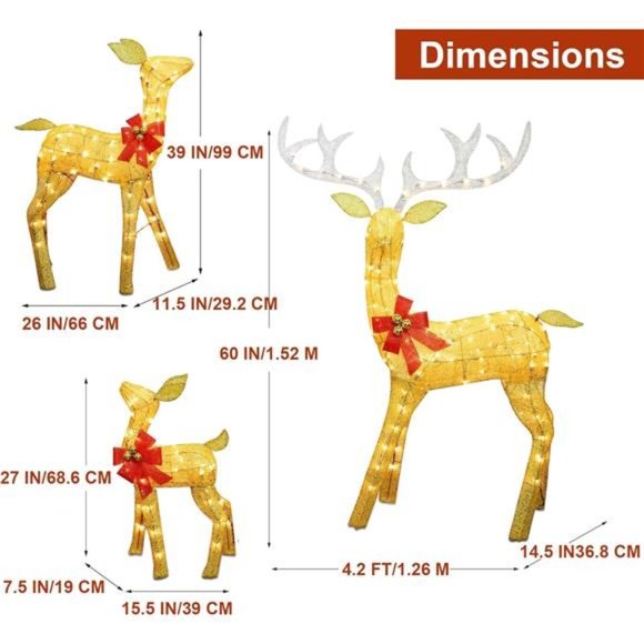 Set of 3 Pre-lit Golden Reindeer with 210 LEDs Warm White Lights - Picture 2 of 7